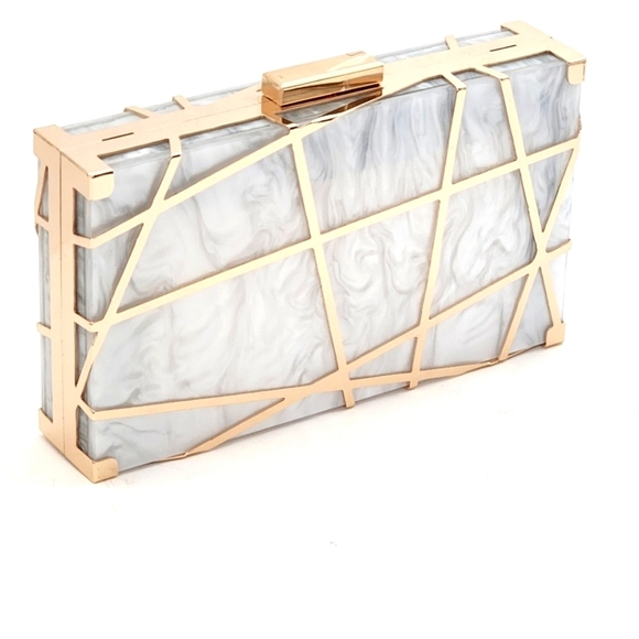 Firenze K Stunning Evening White Acrylic Gold Metal Frame Clutch - Picture 3 of 11